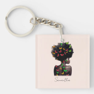 African American Woman with Butterfly-Filled Afro  Keychain