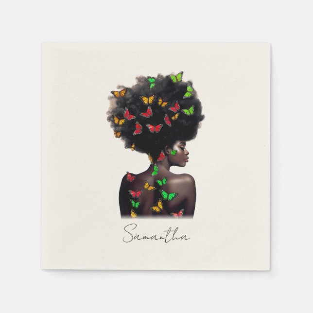 African American Woman with Butterfly-Filled Afro  Napkin (Front)