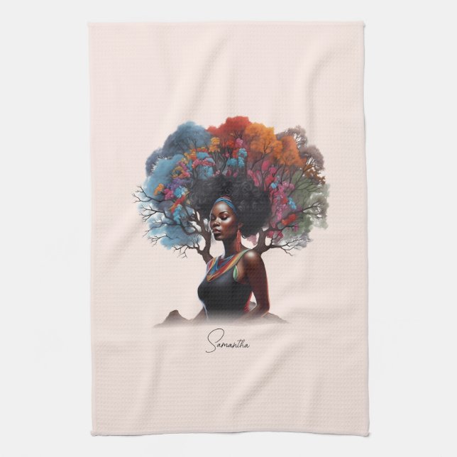 African-American Woman with Colourful Tree-Adorned Kitchen Towel (Vertical)