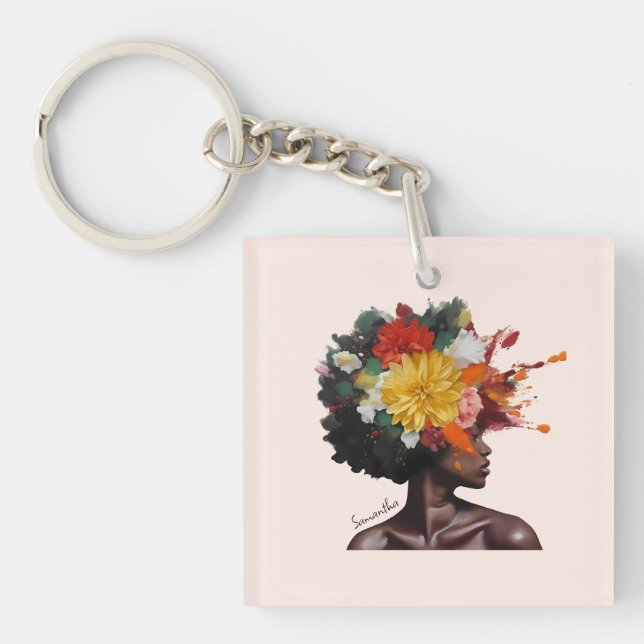 African-American Woman with Floral Afro Hair (2) Keychain (Front)