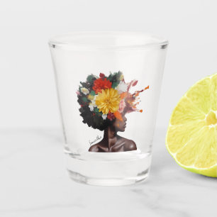 African-American Woman with Floral Afro Hair (2) Shot Glass