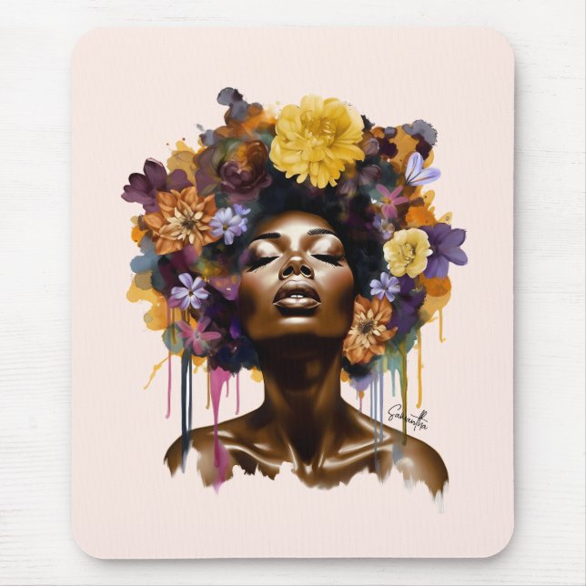 African-American Woman with Floral Afro Hair (3) Mouse Pad (Front)