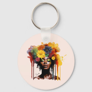 African-American Woman with Floral Afro Hair Keychain