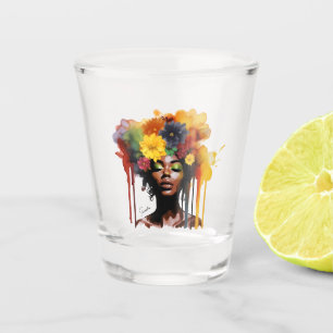 African-American Woman with Floral Afro Hair Shot Glass