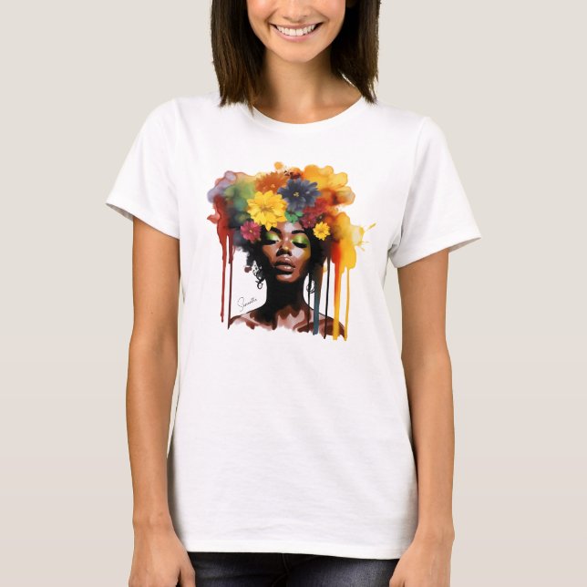 African-American Woman with Floral Afro Hair T-Shirt (Front)