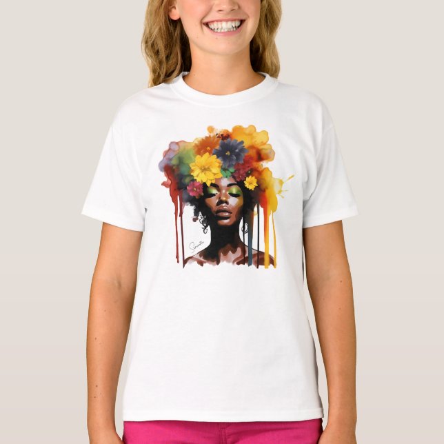 African-American Woman with Floral Afro Hair T-Shirt (Front)
