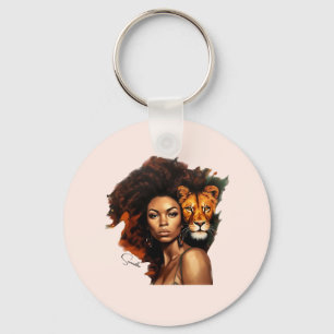 African-American Woman with Majestic Lion Keychain