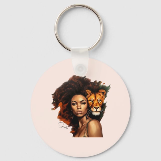 African-American Woman with Majestic Lion Keychain (Front)
