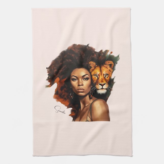 African-American Woman with Majestic Lion Kitchen Towel (Vertical)