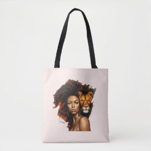 African-American Woman with Majestic Lion Tote Bag