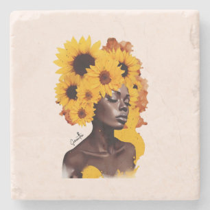 African-American Woman with Sunflower Afro Hair Stone Coaster