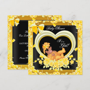 African American Yellow Gold Baby Shower Girl 2 Invitation