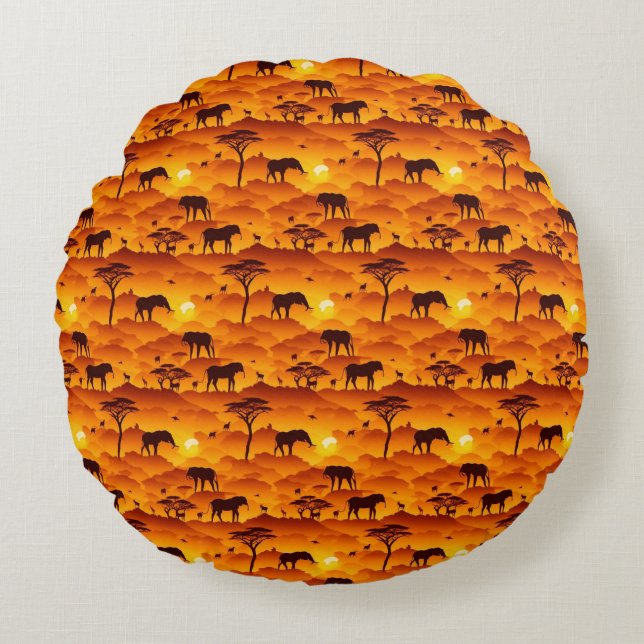 African Animal Silhouette Pattern Sunset Landscape Round Pillow (Front)