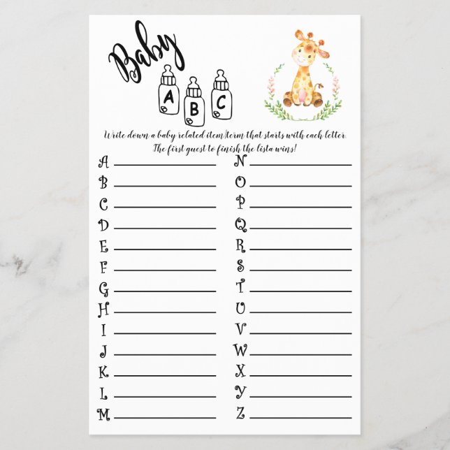 AFRICAN ANIMALS ABC BABY SHOWER GAME CARD (Front)