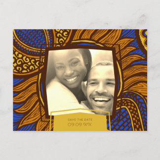African Ankara Blue Gold Floral Save the Date Announcement Postcard
