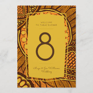 African Ankara Orange Gold Floral Table Number