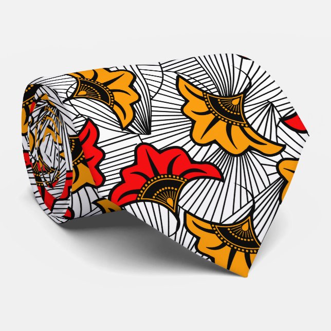 African Ankara Red and Gold Floral Patterned Tie (Rolled)