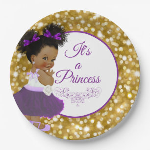 African Baby Girl   Purple and Gold Glitter Paper Plate