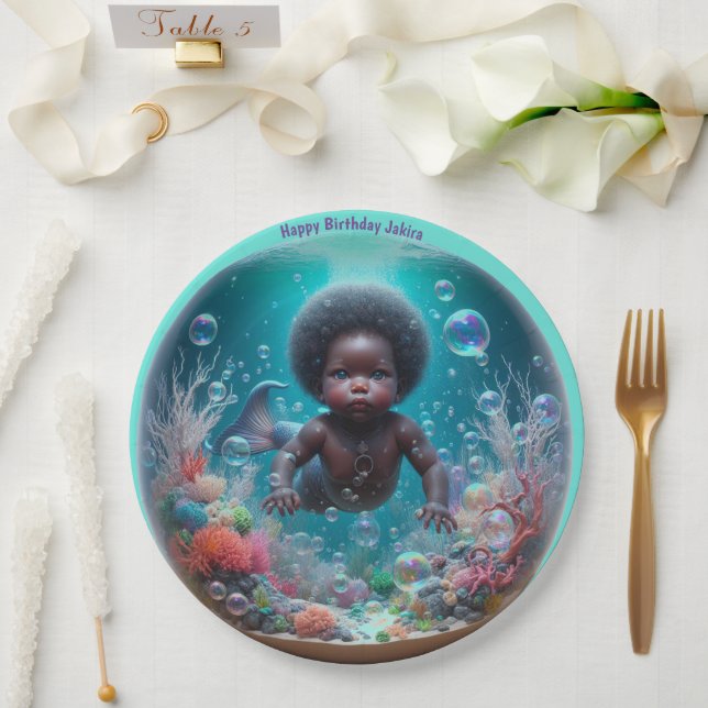 African Baby Mermaid Bubble Paper Plate (Wedding)