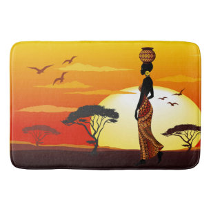 African Beautiful Woman Silhouette on African Suns Bath Mat