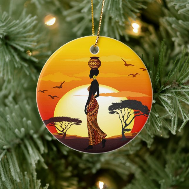 African Beautiful Woman Silhouette on African Suns Ceramic Ornament (Tree)