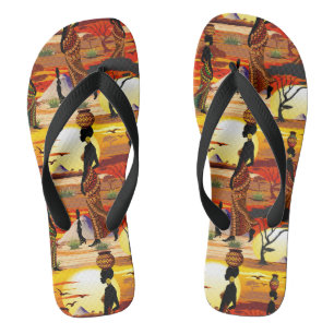 African Beautiful Woman Silhouette on African Suns Flip Flops