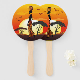 African Beautiful Woman Silhouette on African Suns Hand Fan