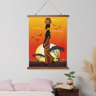 African Beautiful Woman Silhouette on African Suns Hanging Tapestry