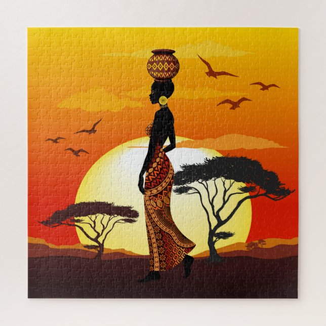 African Beautiful Woman Silhouette on African Suns Jigsaw Puzzle (Vertical)