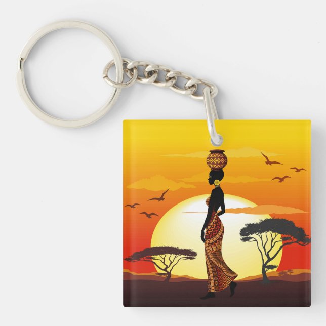 African Beautiful Woman Silhouette on African Suns Keychain (Front)