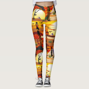 African Beautiful Woman Silhouette on African Suns Leggings