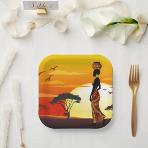 African Beautiful Woman Silhouette on African Suns Paper Plate