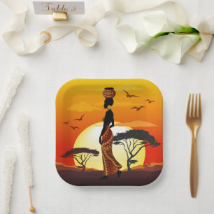 African Beautiful Woman Silhouette on African Suns Paper Plate