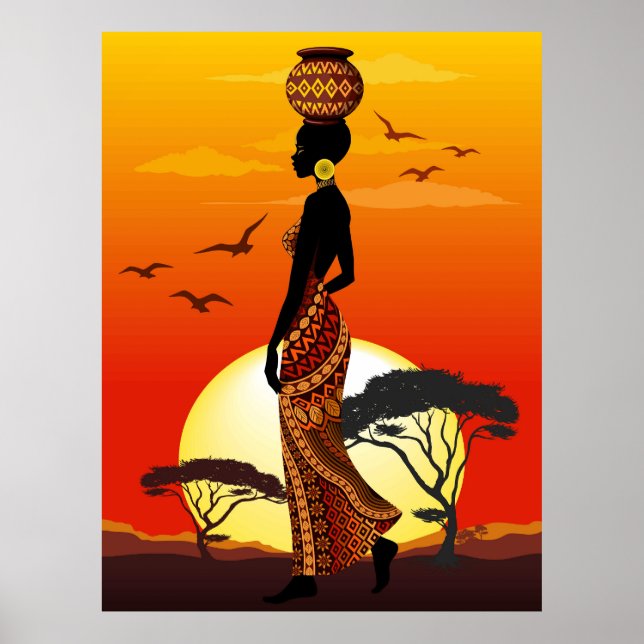 African Beautiful Woman Silhouette on African Suns Poster (Front)