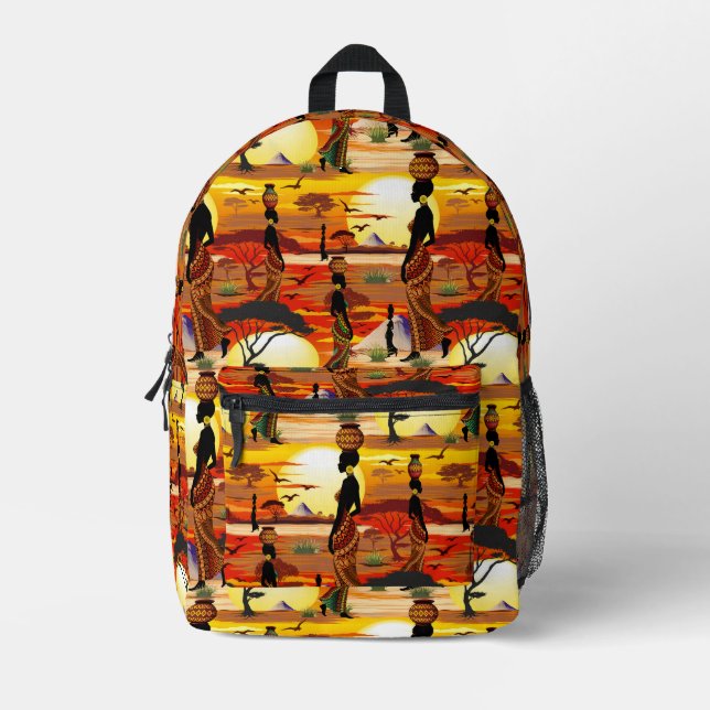 African Beautiful Woman Silhouette on African Suns Printed Backpack (Front)