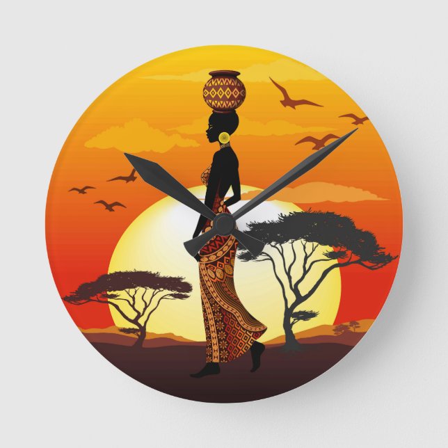 African Beautiful Woman Silhouette on African Suns Round Clock (Front)