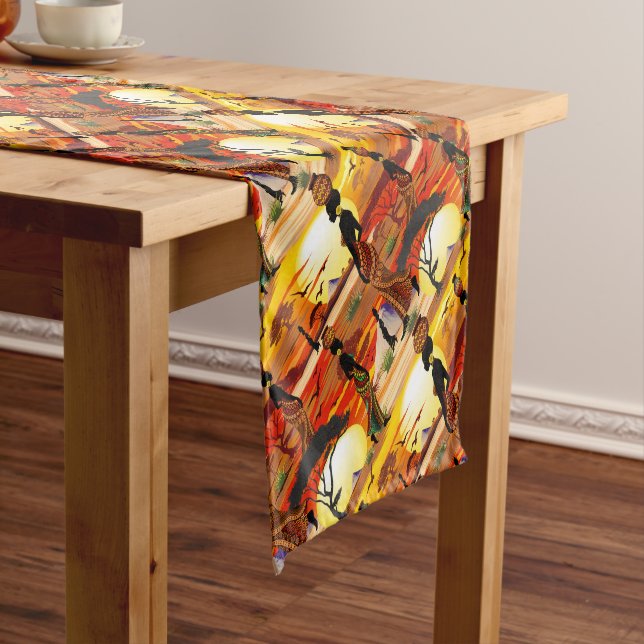 African Beautiful Woman Silhouette on African Suns Short Table Runner (In Situ)