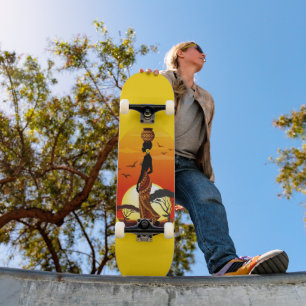 African Beautiful Woman Silhouette on African Suns Skateboard