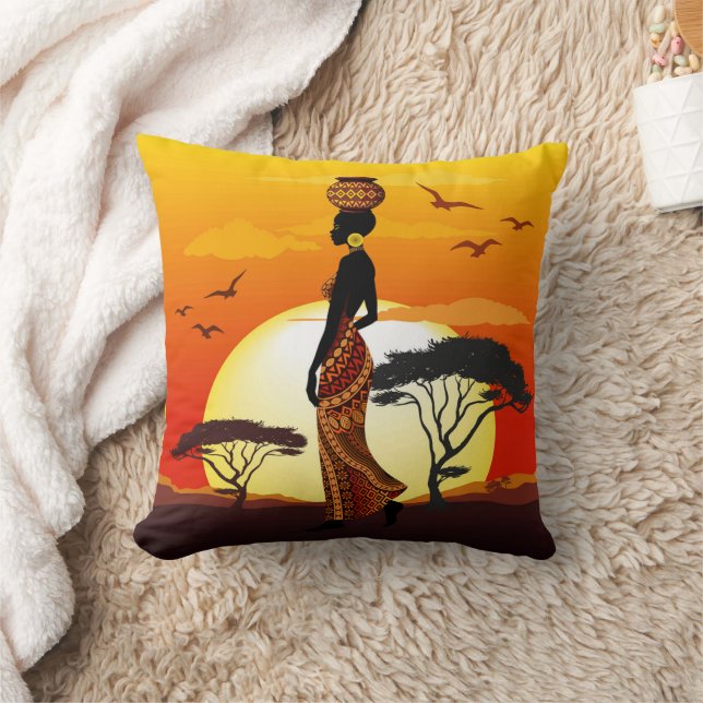 African Beautiful Woman Silhouette on African Suns Throw Pillow (Blanket)