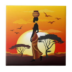 African Beautiful Woman Silhouette on African Suns Tile