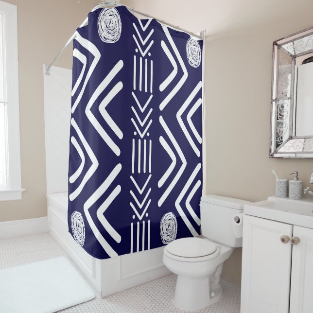 African Blue Mud Cloth Shower Curtain Design (In Situ)