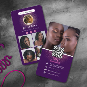 African Braid Hairstylist Purple & Glitter Gold Business Card