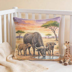 African Buffalo Mama And Calves Safari Animals  Throw Pillow