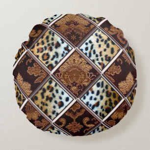 African Cheetah Patch Quilt Pattern Round Pillow