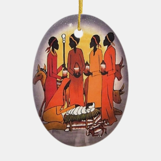 African Christmas Nativity Scene Ceramic Ornament (Front)