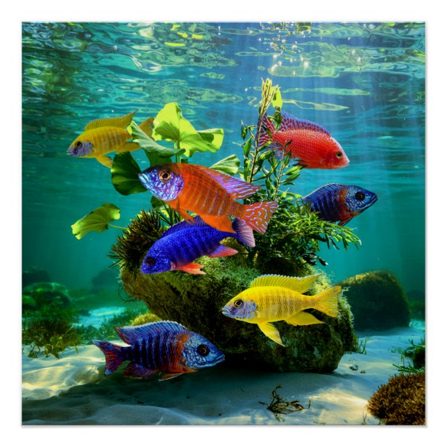African Cichlids Peacock Cichlid Aquarium Art Poster (Front)