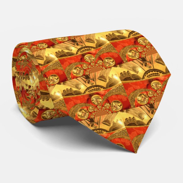 African Cultural Art: Rich Golden Red Design Tie (Rolled)