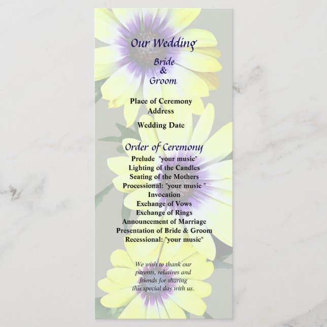 African Daisies Lemon Symphony Wedding Program (Front)