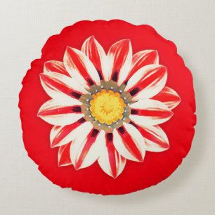 African Daisy / Gazania - Red and White Striped Round Pillow