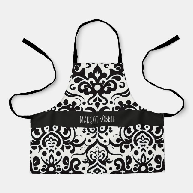 African Damask Black White Pattern Apron (Front)